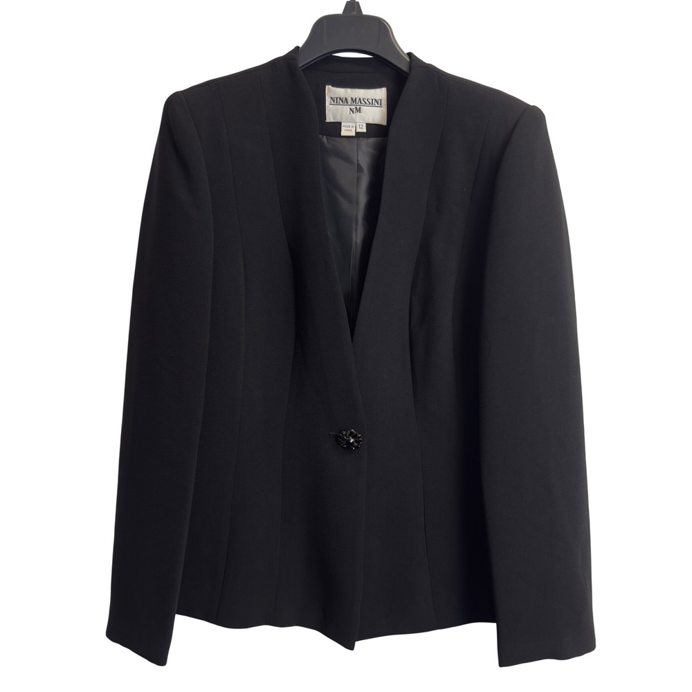 Nina Massini Womens NM Black Collarless Single Button Blazer Jacket Size 12
